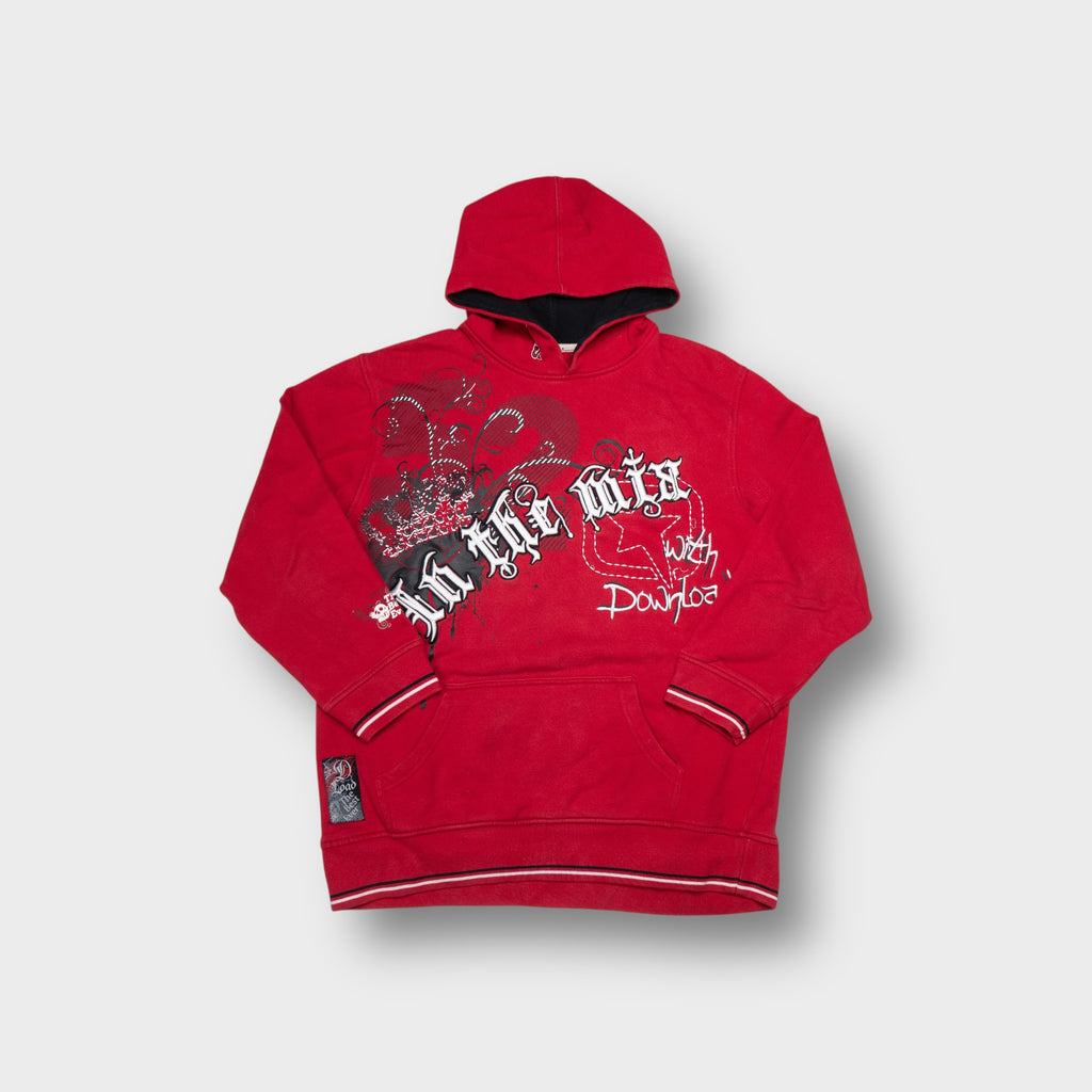 Here + There red hoodie with graphic front print and striped ribbed trim