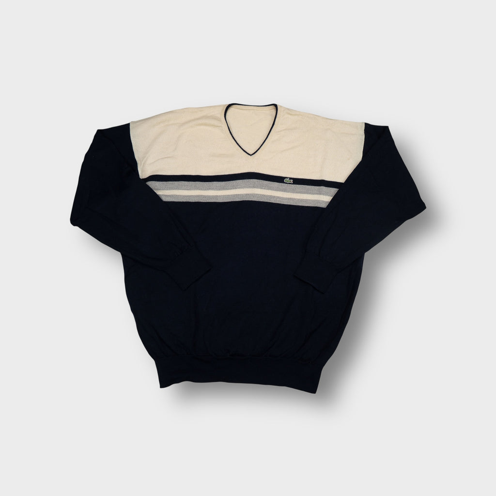 Lacoste knit sweater in Navy Blue with cream block panels and embroidered crocodile