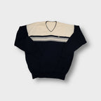 Lacoste knit sweater in Navy Blue with cream block panels and embroidered crocodile