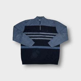 Lacoste knit sweater in blue with horizontal chest stripes and half-zip collar
