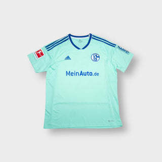 Adidas FC Schalke 04 jersey in turquoise with blue crest and sponsor print