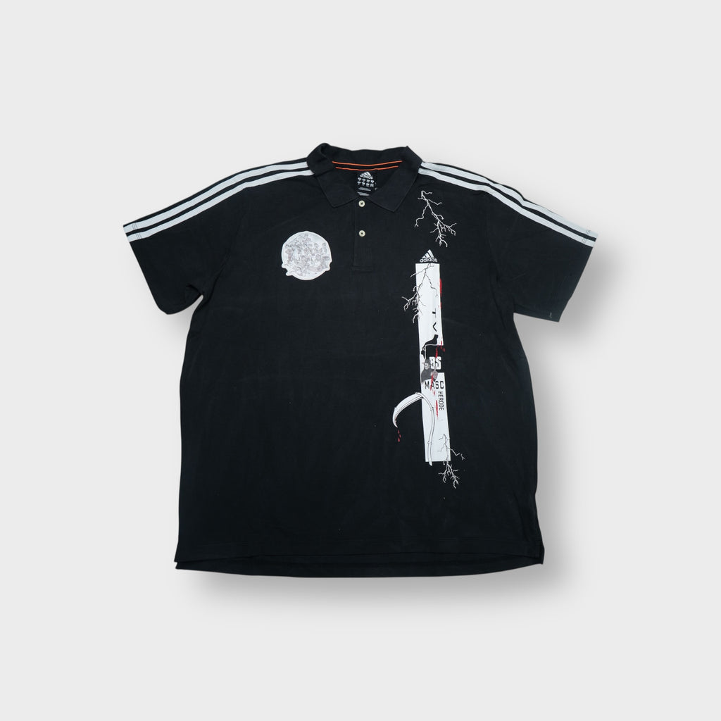 Black Adidas polo shirt with white three-stripes and custom graphic prints
