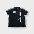Black Adidas polo shirt with white three-stripes and custom graphic prints