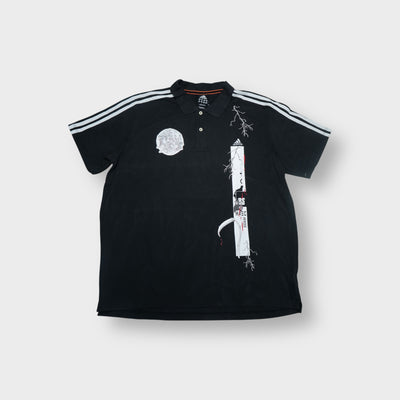 Black Adidas polo shirt with white three-stripes and custom graphic prints