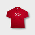 Red Copa long-sleeve polo sweater featuring white embroidered CCCP lettering across the chest.