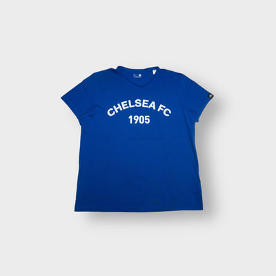 Blue Adidas Chelsea FC T-Shirt with white arched CHELSEA FC 1905 print on chest