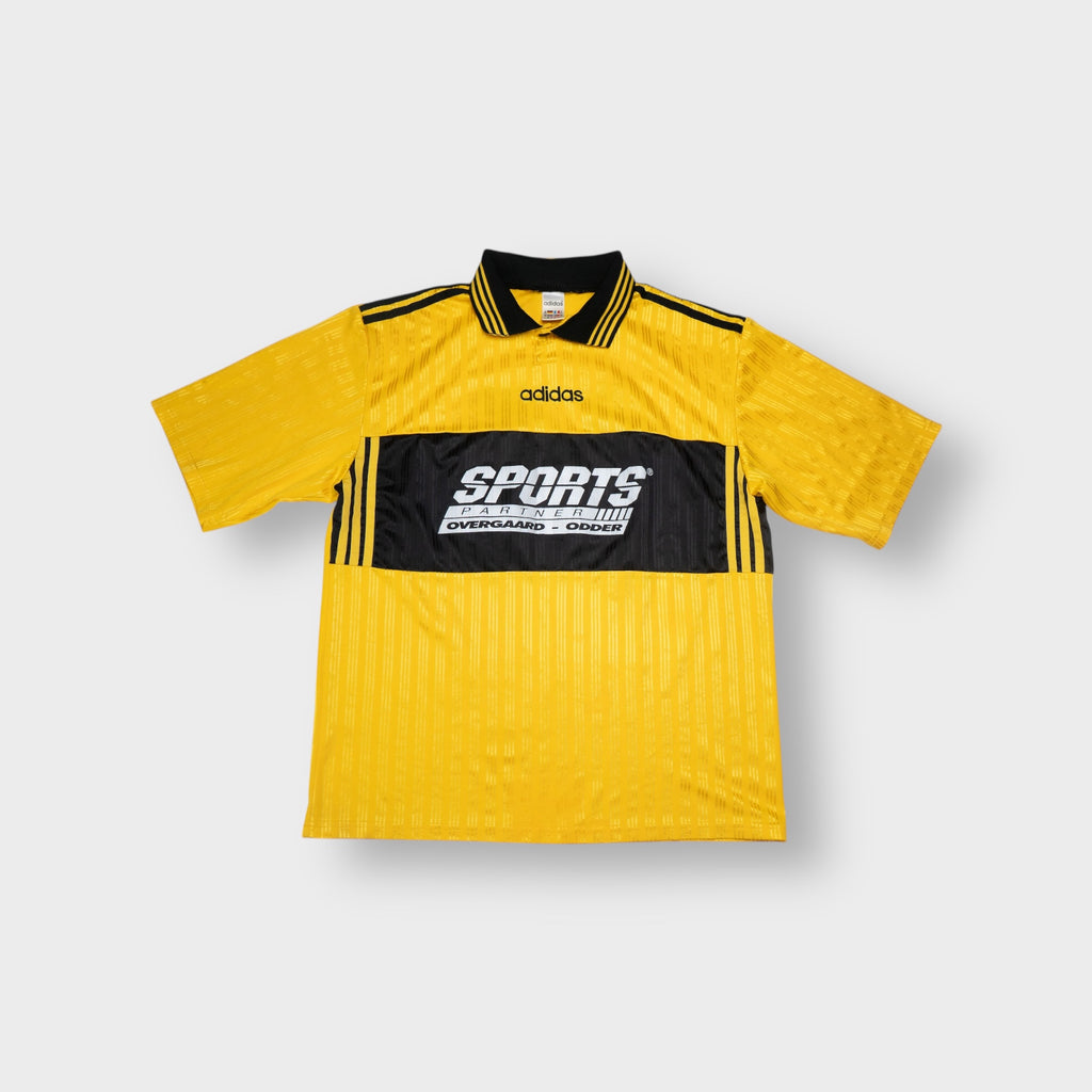 Yellow Adidas vintage jersey with black collar and Sports Partner chest print