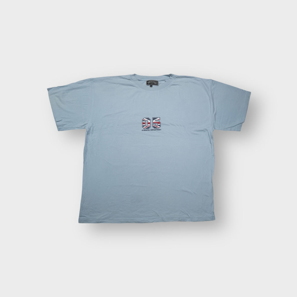 Jep's blue T-Shirt featuring a Union Jack filled 05 Athletic Department chest print