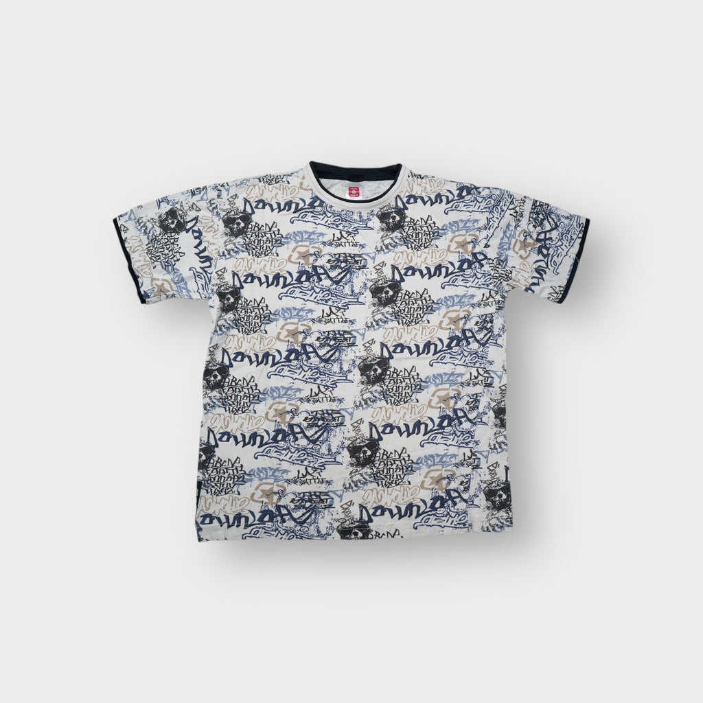 Here+There T-Shirt in white with blue and black all-over graffiti print