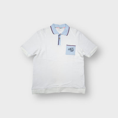 Vintage Adidas polo shirt in white with light blue collar and monogram chest pocket