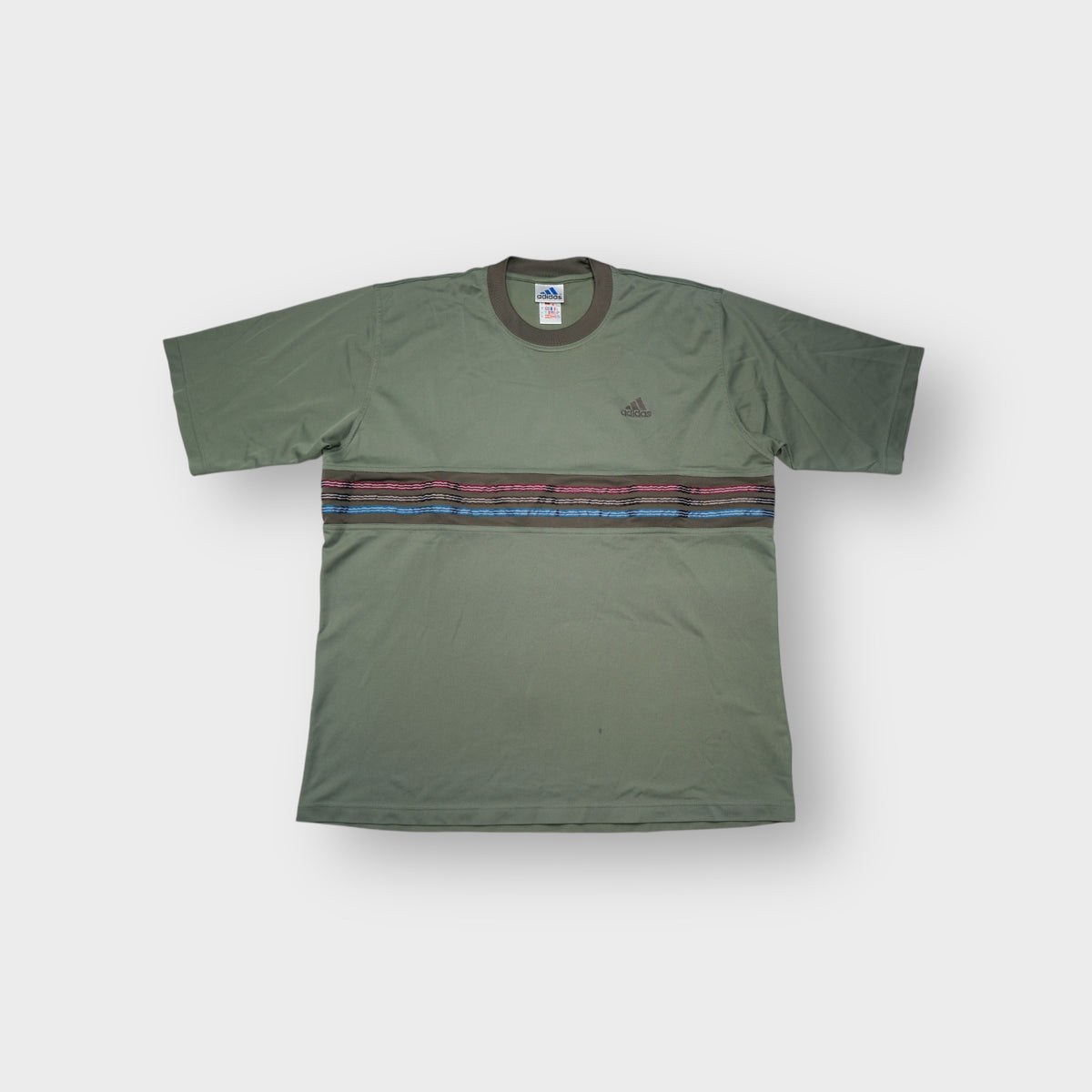 Adidas T-Shirt in khaki green with a striped chest band and small embroidered logo