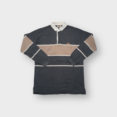 Grey long sleeve Adidas polo sweater with striped pattern and white collar