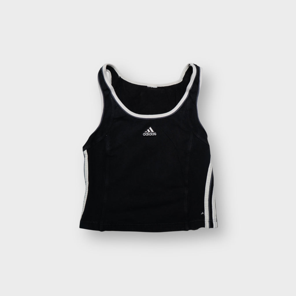 Adidas black tank top with white neck trim and embroidered center logo