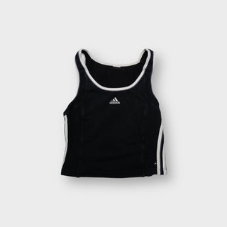 Adidas black tank top with white neck trim and embroidered center logo