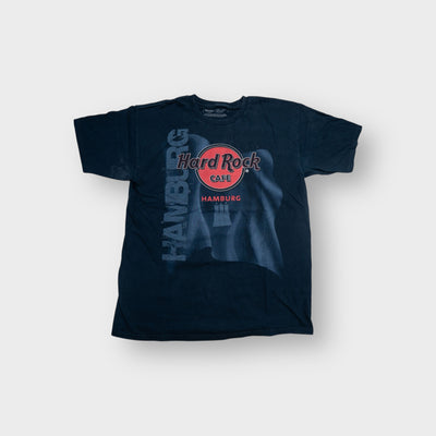 Hard Rock Cafe blue T-Shirt featuring red logo print and Hamburg vertical graphic