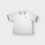 Adidas white polo shirt featuring striped collar trim and embroidered chest logo