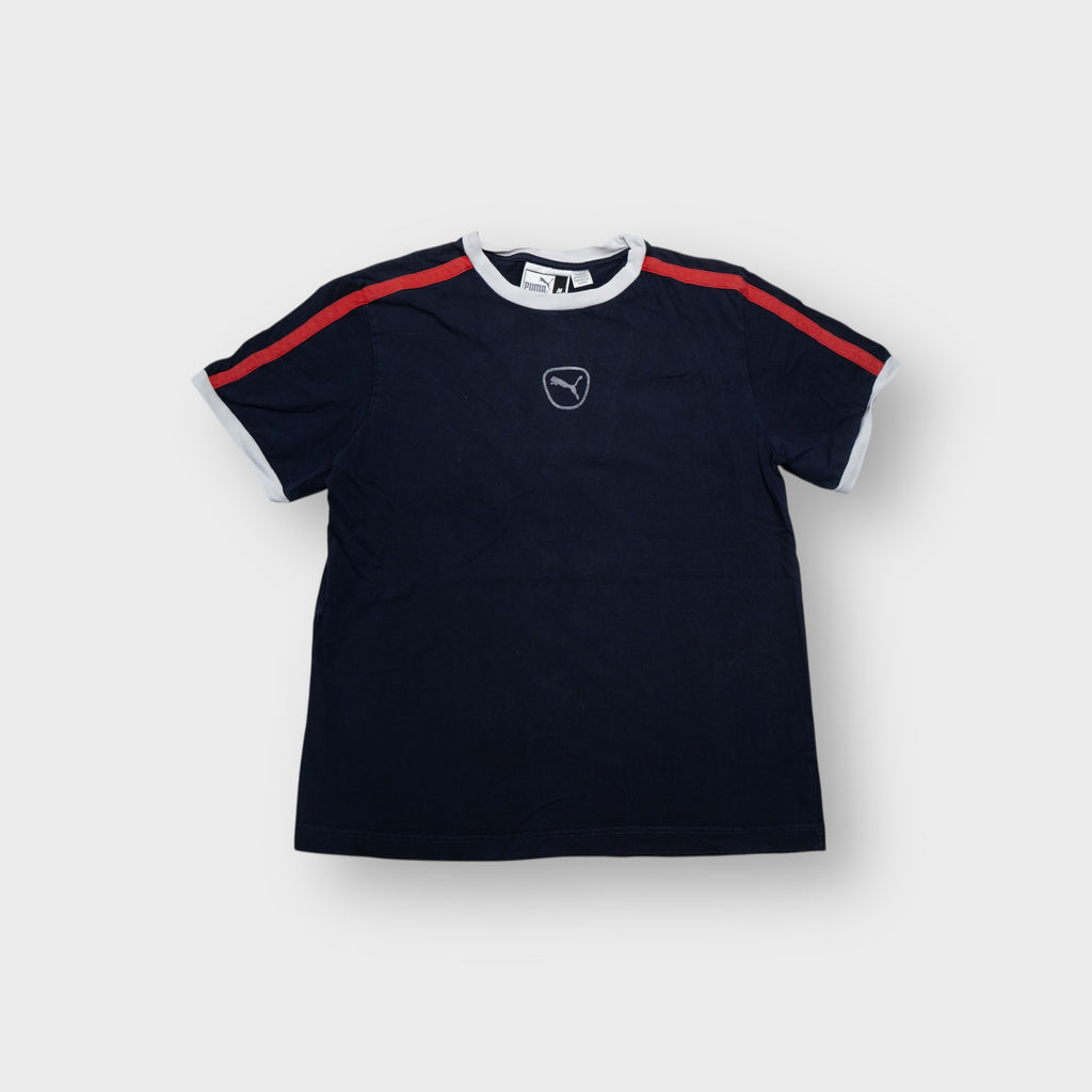Puma navy blue T-Shirt featuring a central cat logo chest print and red shoulder stripes