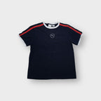 Puma navy blue T-Shirt featuring a central cat logo chest print and red shoulder stripes