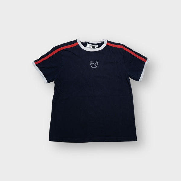 Puma navy blue T-Shirt featuring a central cat logo chest print and red shoulder stripes