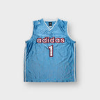 Blue Adidas basketball jersey with stitched front logo and number one applique