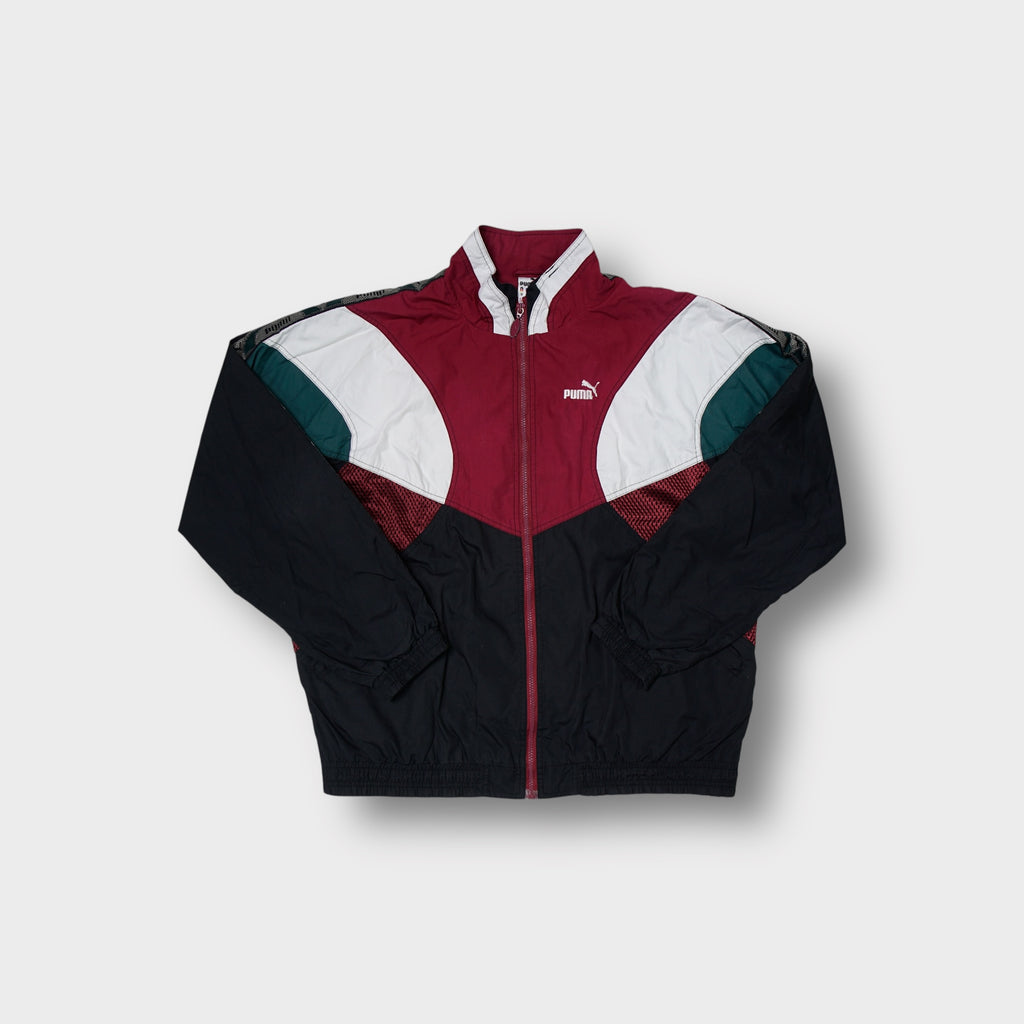 Black Puma track jacket with burgundy and white color-blocking and taped sleeves