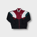 Black Puma track jacket with burgundy and white color-blocking and taped sleeves