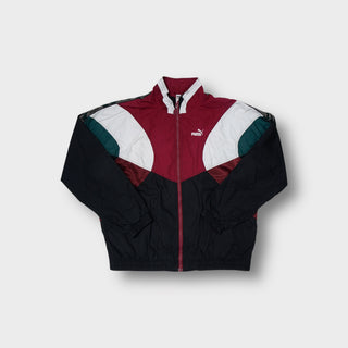 Black Puma track jacket with burgundy and white color-blocking and taped sleeves