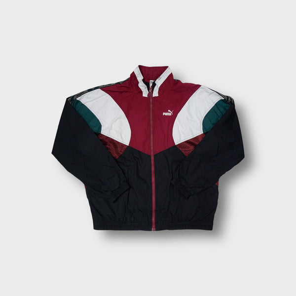 Black Puma track jacket with burgundy and white color-blocking and taped sleeves