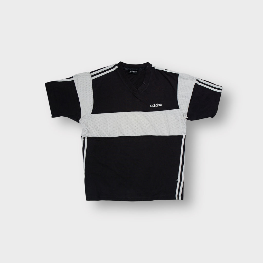 Adidas short-sleeve T-Shirt in black with white mesh inserts and V-neck collar