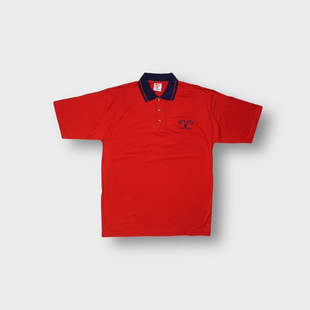 Red Expo 2000 polo shirt with navy collar and embroidered chest embroidery
