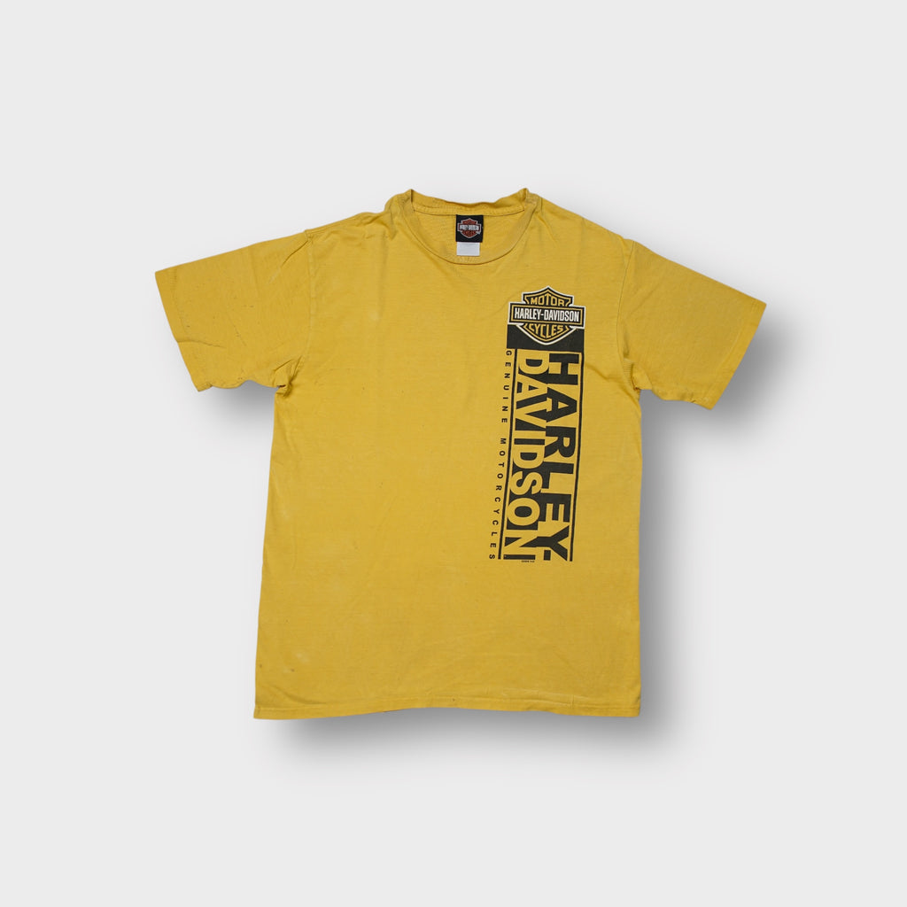 Harley Davidson yellow T-Shirt with vertical black logo graphic print on left side