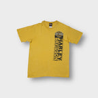 Harley Davidson yellow T-Shirt with vertical black logo graphic print on left side