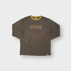 Brown Tom Tailor sweater with a yellow crew neck and yellow chest text print