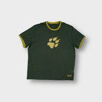 Jack Wolfskin T-Shirt in green with yellow ringer collar and large paw print print