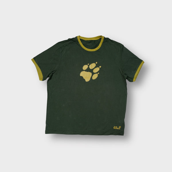 Jack Wolfskin T-Shirt in green with yellow ringer collar and large paw print print