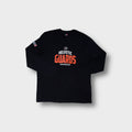 Black longsleeve shirt featuring orange Helvetic Guards print across the front