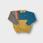 Vintage Adidas yellow polo sweater with multi-coloured panels and embroidered chest logo
