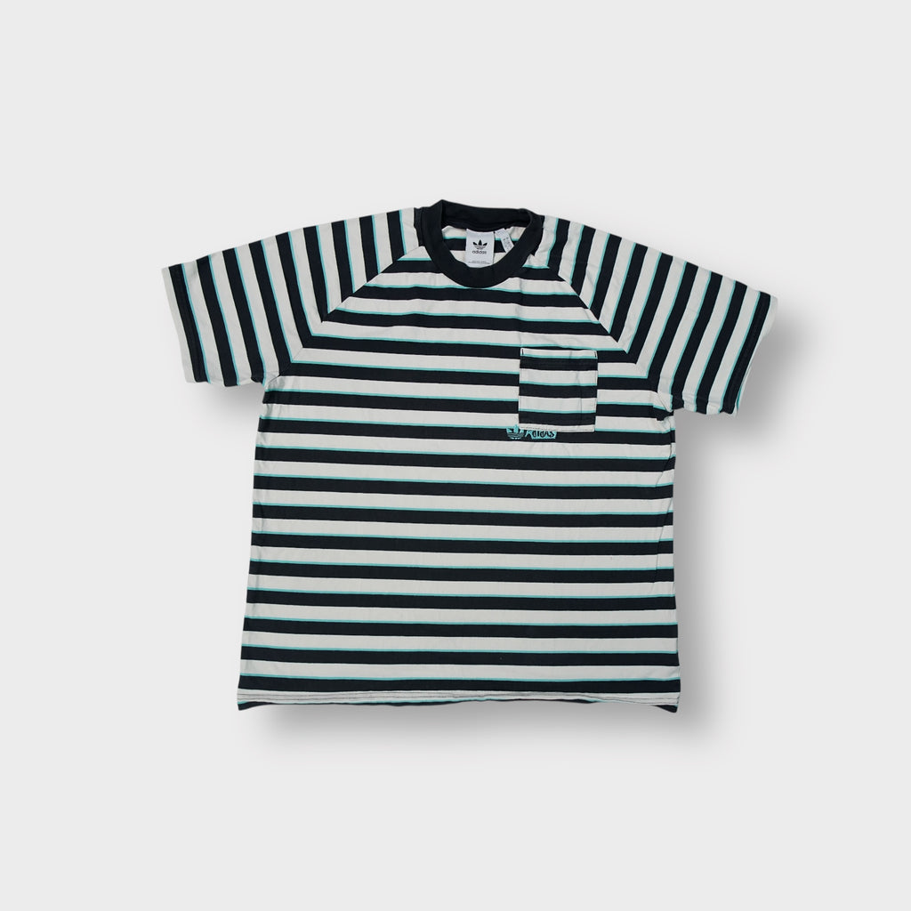 Adidas T-Shirt in white with dark stripes, chest pocket, and turquoise embroidered logo