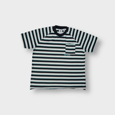 Adidas T-Shirt in white with dark stripes, chest pocket, and turquoise embroidered logo