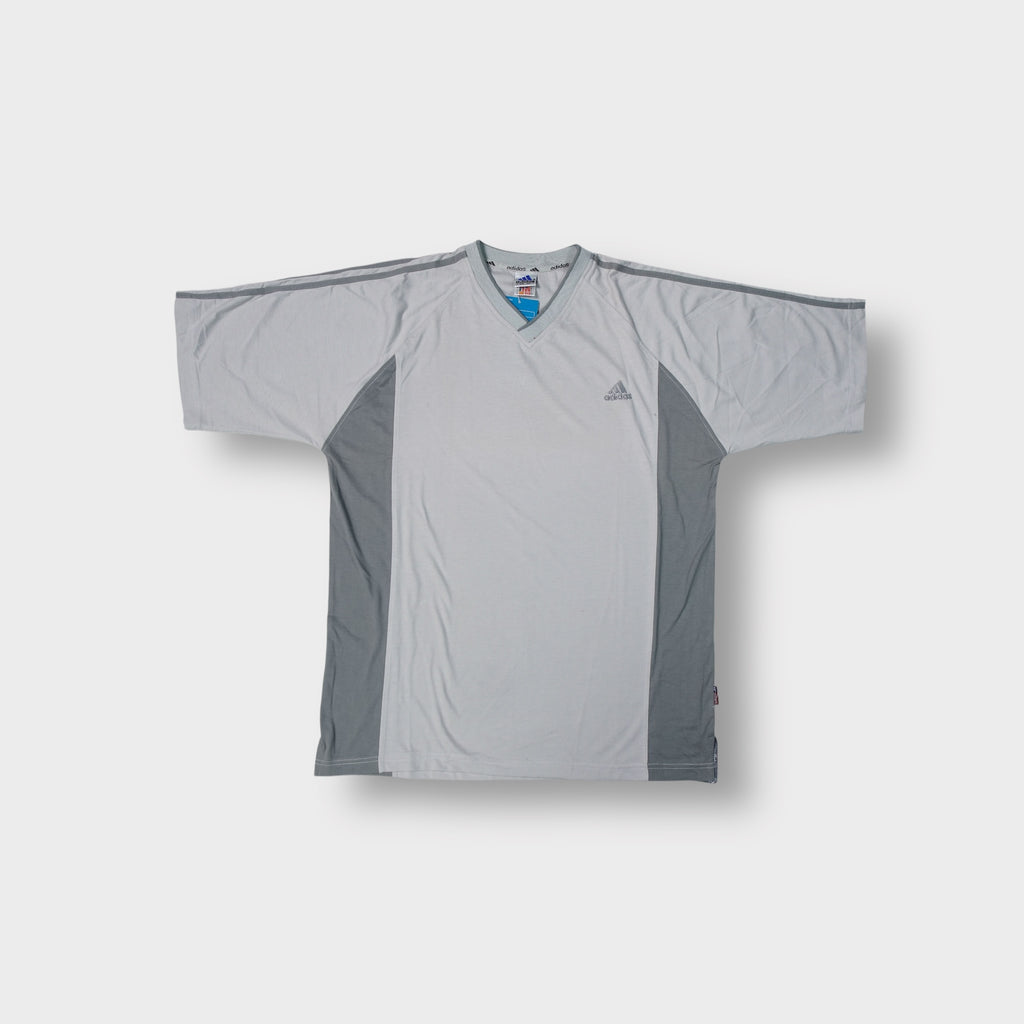 Adidas grey T-Shirt featuring dark grey side panels and embroidered chest logo