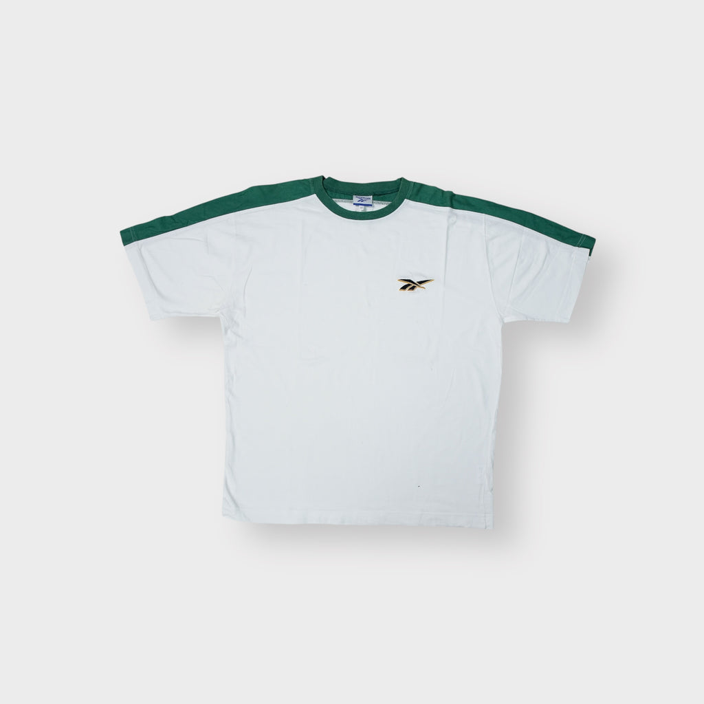 Reebok T-Shirt in white with green shoulder panels and small embroidered chest logo