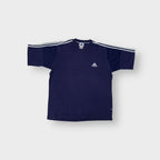 Navy blue Adidas T-Shirt with white stripes along the shoulders and chest logo