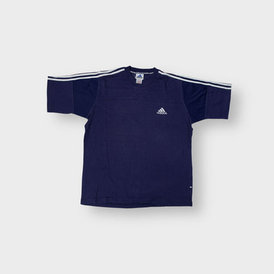Navy blue Adidas T-Shirt with white stripes along the shoulders and chest logo