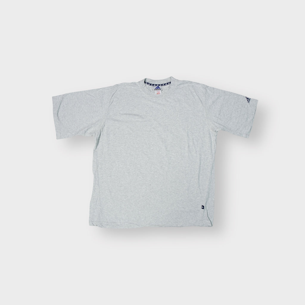 Adidas T-Shirt in heather grey with a navy logo print on the sleeve hem