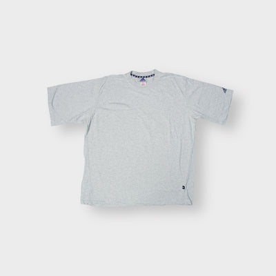 Adidas T-Shirt in heather grey with a navy logo print on the sleeve hem