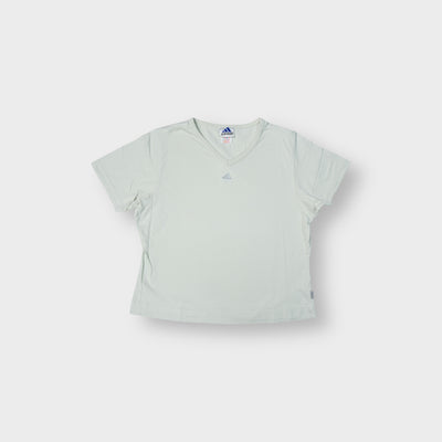 Vintage Adidas beige V-neck shirt featuring a small embroidered chest logo