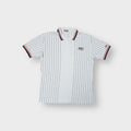 White Fila pinstripe polo shirt with navy and red striped collar trim and chest logo