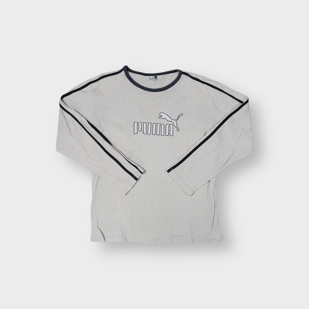 Beige Puma long-sleeve sweater featuring dark trim and printed chest logo