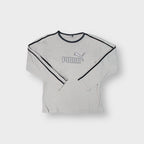Beige Puma long-sleeve sweater featuring dark trim and printed chest logo