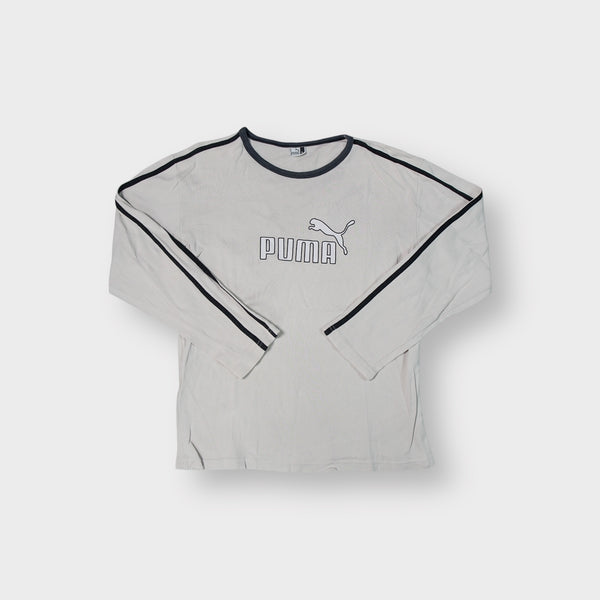 Beige Puma long-sleeve sweater featuring dark trim and printed chest logo